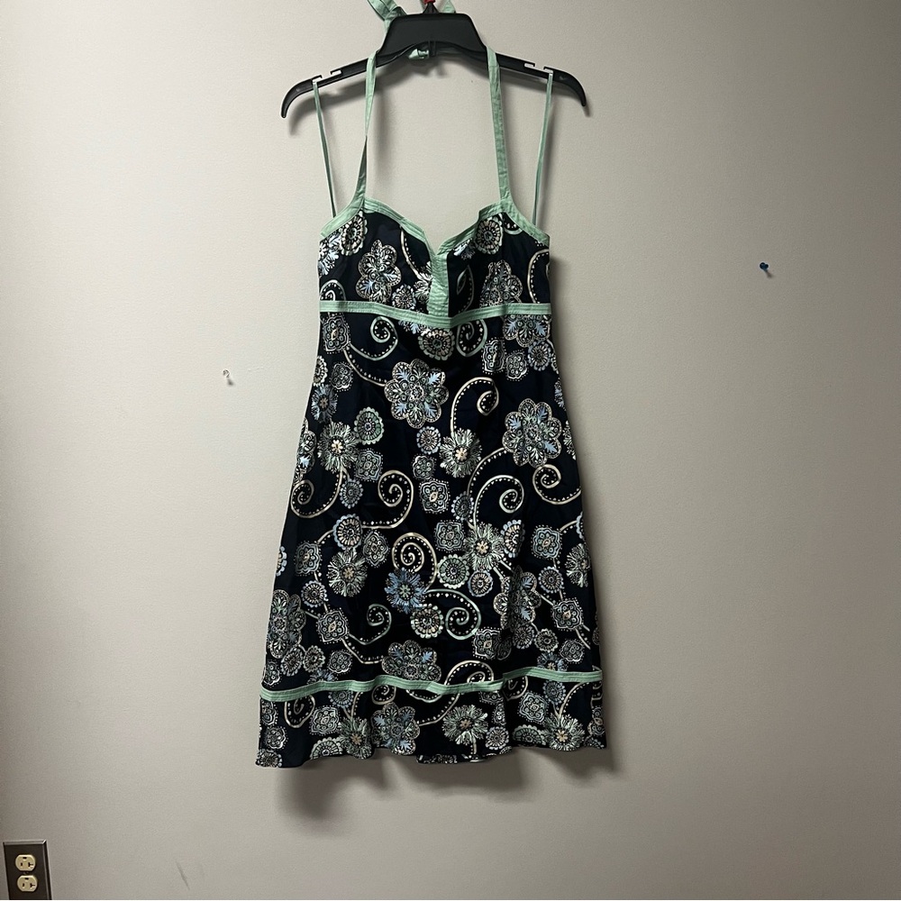 LOFT Petite Navy/Mint Paisley Print Halter Neck Empire Waist Sundress Size 10 P